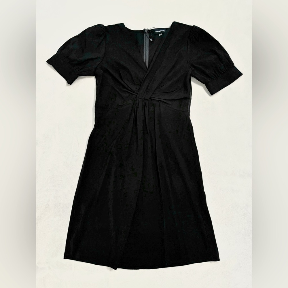 Sugar Lips NEW! Black Puff Short Sleeve V-Neck Faux Wrap Dress Womens Size S